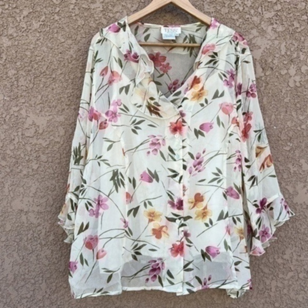 Tess 100% Silk Floral Sheer Cottagecore Button‎ Down Plus Size 3X